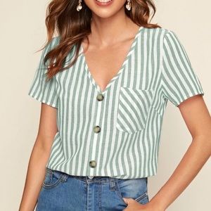 NWOT Shein Green Striped Button Short Sleeve Top